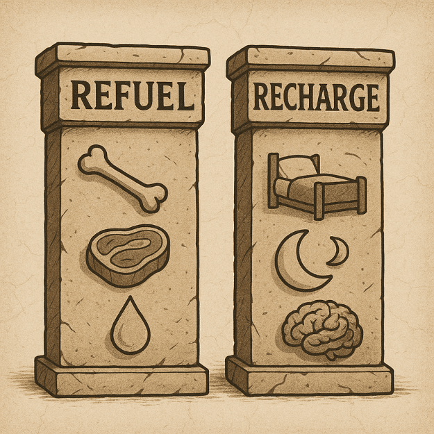 2 pillars named refuel and recharge depicting the 2 pillars of health