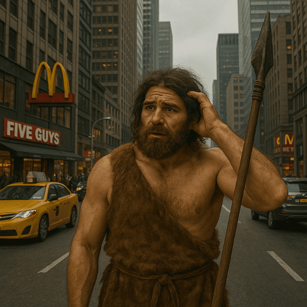 A confused caveman in a city with fast food restaurants depicting the unnatural modern world and diet