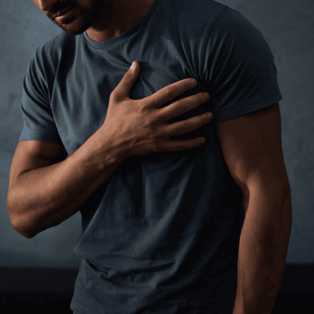 A man with his hand around his heart area depicting whether meat causes heart disease