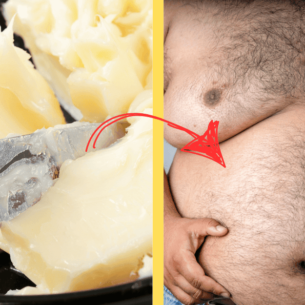 animal fat on the left and a fat person on the right with an arrow from left to right depicting the question as to whether animal fat makes you fat