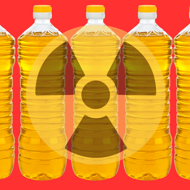 Bottles of seed oils with a hazard sign over the top depicting it as poison