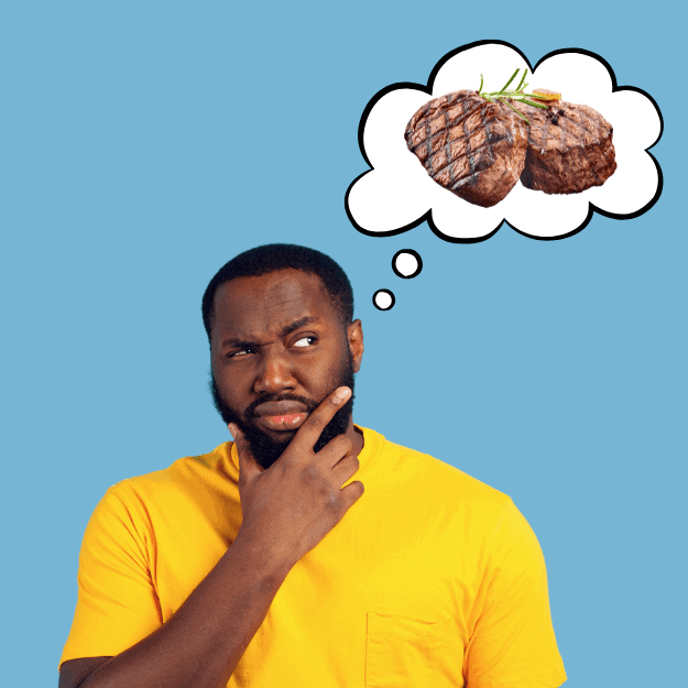 A man pondering what nutrients are in steak
