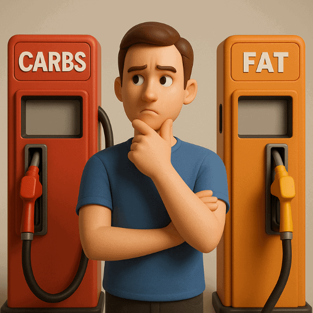 A CGI of a man and 2 fuel pumps with carbs and fat written on them depicting which is best for fuelling a human