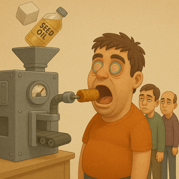 Men queuing to be fed processed food from a machine showing sugar and seed oil going in one end and highly processed food out the other