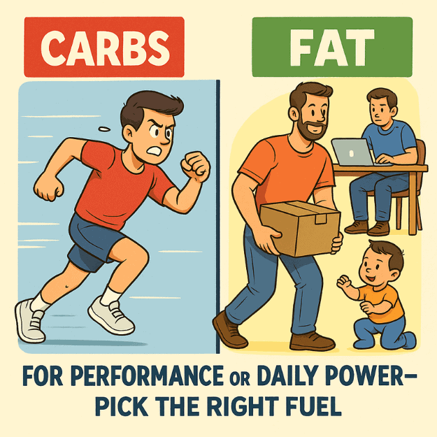 A split image of a sprinter needing carbs and a person performing everyday tasks fuelled by fat