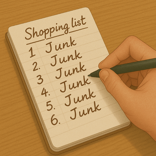 a shopping list with every item being junk