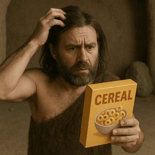 A confused caveman looking at a box of cereal depicting a food that is a modern human invention