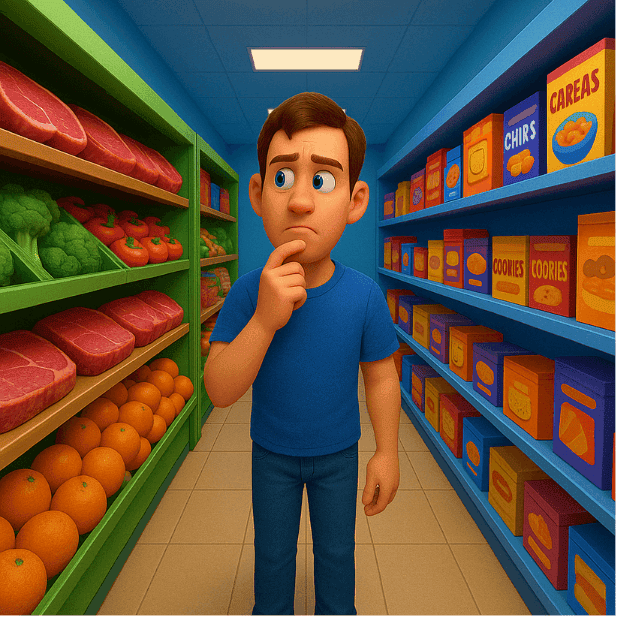 A main in a food store confused contemplating the choice of real food or processed food