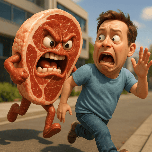 A CGI of a man being chased by a piece of steak depicting fear of red meat
