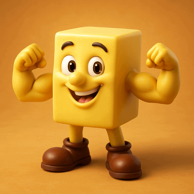 A block of butter with a smiling face and muscular arms depicting the nutritional power of butter