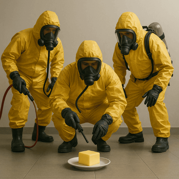 Mean in protective clothing approaching a block of butter with caution depicting fear of animal fats