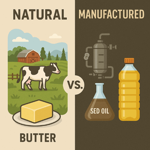a split graphic image of a cow and butter next to seed oil and a processing equipment
