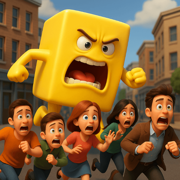 A crowd of people running scared of butter attacking them depicting irrational fear of butter