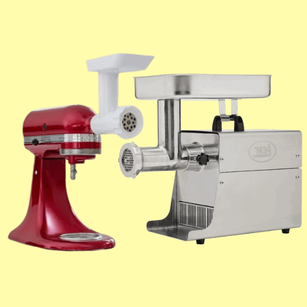 A stand mixer and meat grinder representing the differences between them