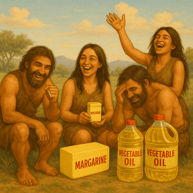Hunter-gatherer ancestor sitting around and with margarine and vegetable oil in an unrealistic image