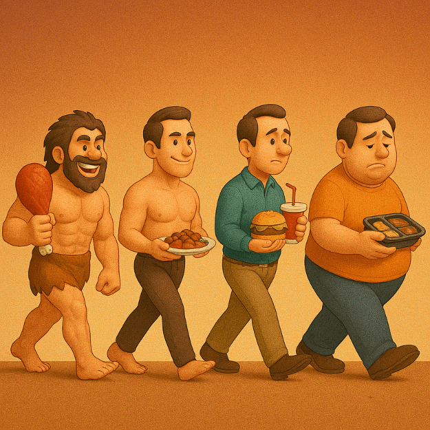The evolution of cavemen eating real food to modern man eating highly processed food
