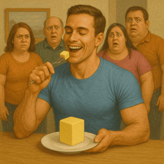 a healthy looking man eating butter while unhealthy people look in dismay 