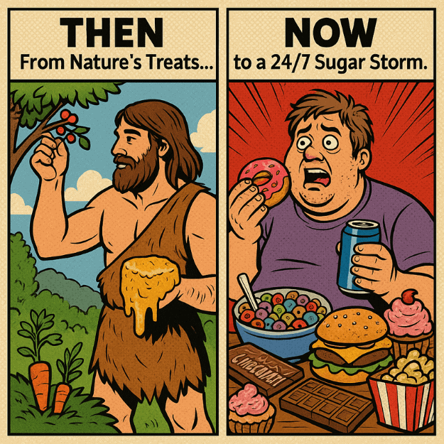 A split image depicting carbs that our ancestors ate compared to what we eat nowadays