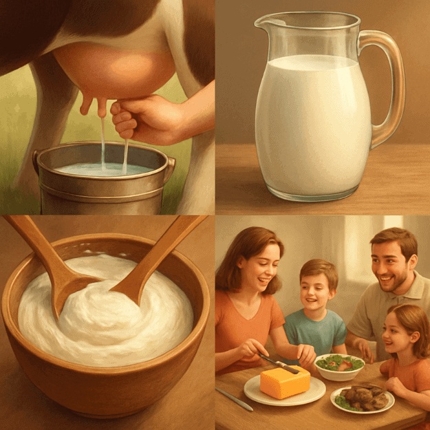 a split image of a cow being milked, a jug of milk, a bowl of kefir and a family enjoying a meal with real butter
