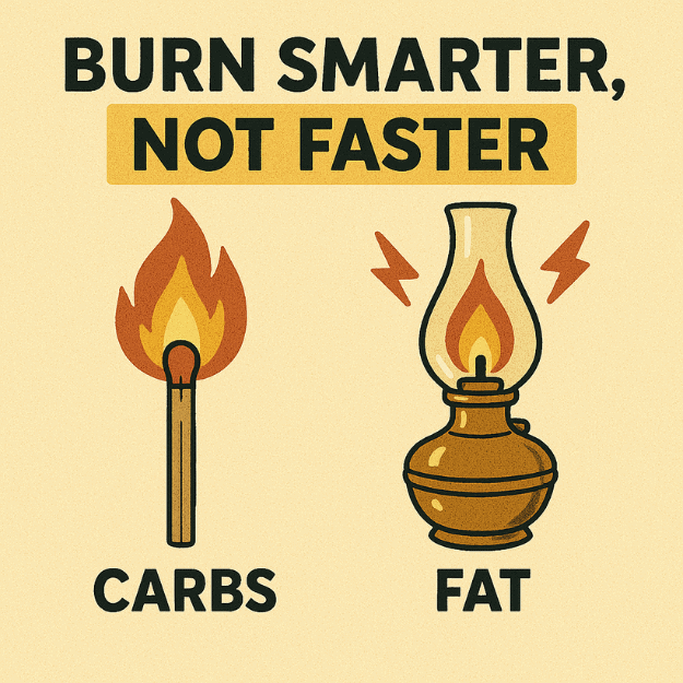 A metaphorical graphic of carbs as a quick burning match and fat as an oil lantern burning for a long time