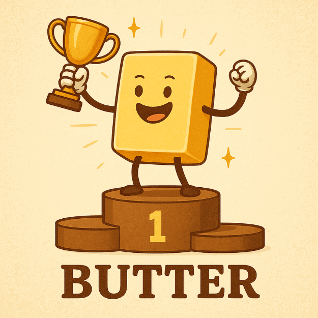 An image of butter holding a medal and standing on the winner's podium depicting butter being best for health