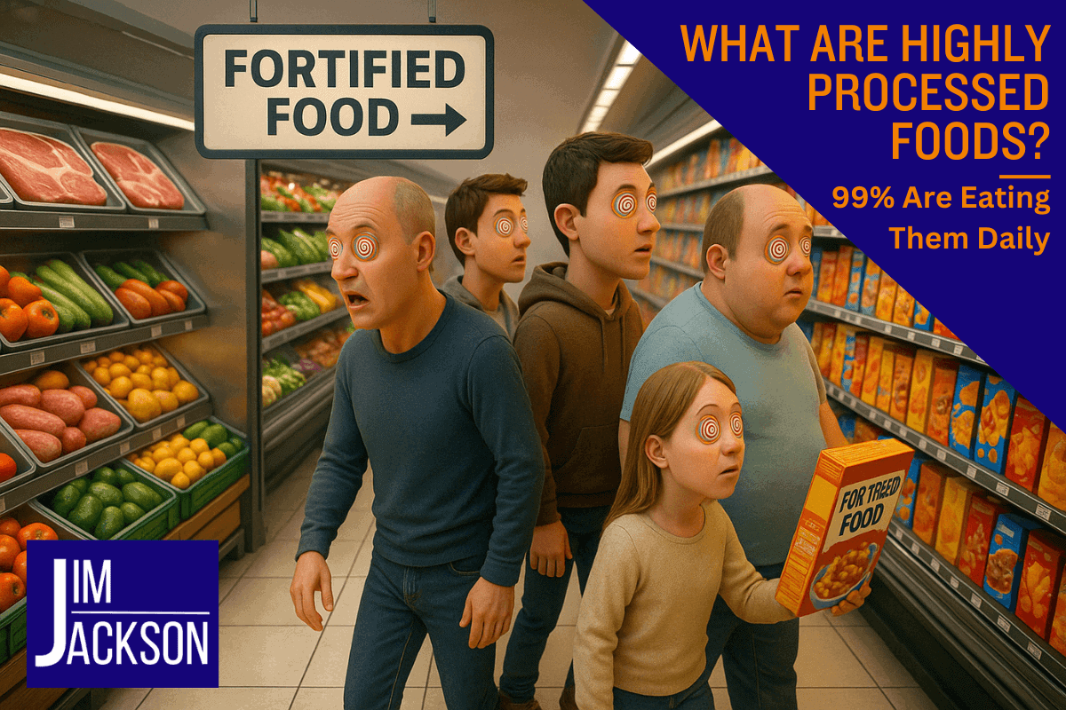 People in a food store Hypnotized into buying processed food rather than real food with the words What Are Highly Processed Foods