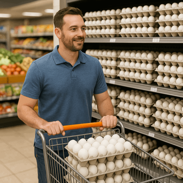 A man with a trolley full of eggs in a supermarket depicting how many eggs is too many