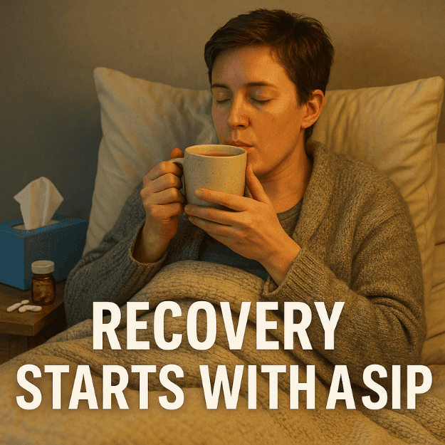 A person in a bed recovering from illness sipping a bone broth denoting its benefits