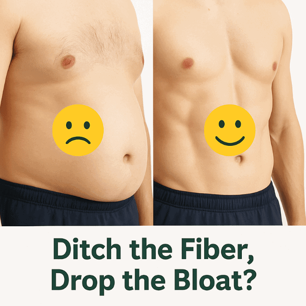 A split image of a bloated man's belly with an sad face and a non-bloated belly with a happy face depicting bloating that fiber can cause