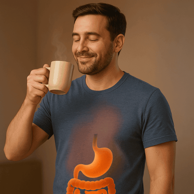 A man drinking bone broth with his digestive system glowing within