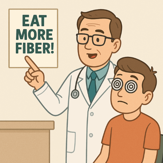 A doctor advising his hypnotized patient that he should eat fiber