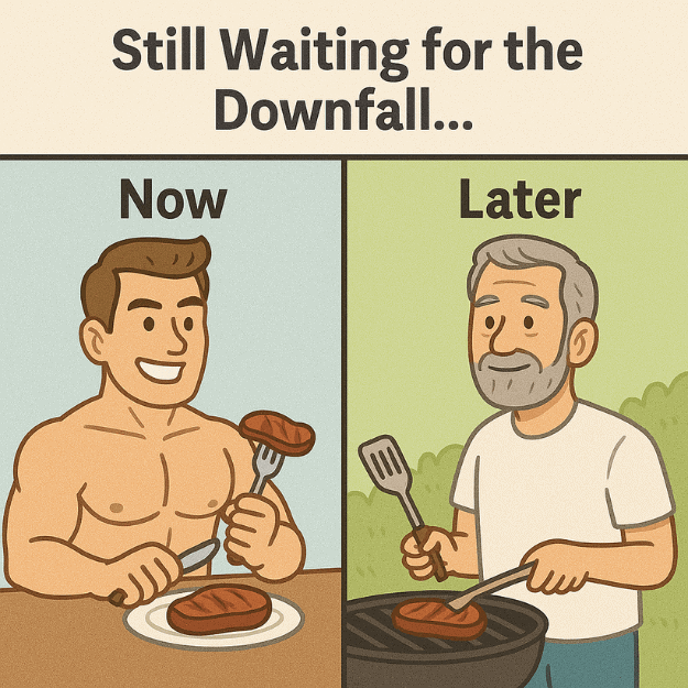 A cartoon illustration of a man eating meat in his prime and still eating meat as an older man and remaining healthy without eating fiber