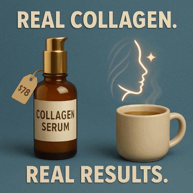 A expensive sprayable jar of collagen serum next to a cup of bone broth depicting improved beauty from bone broth