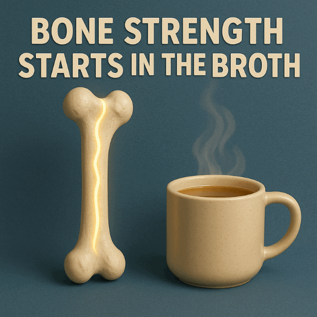 A healthy bone next to a cup of bone broth depicting improved bone strength