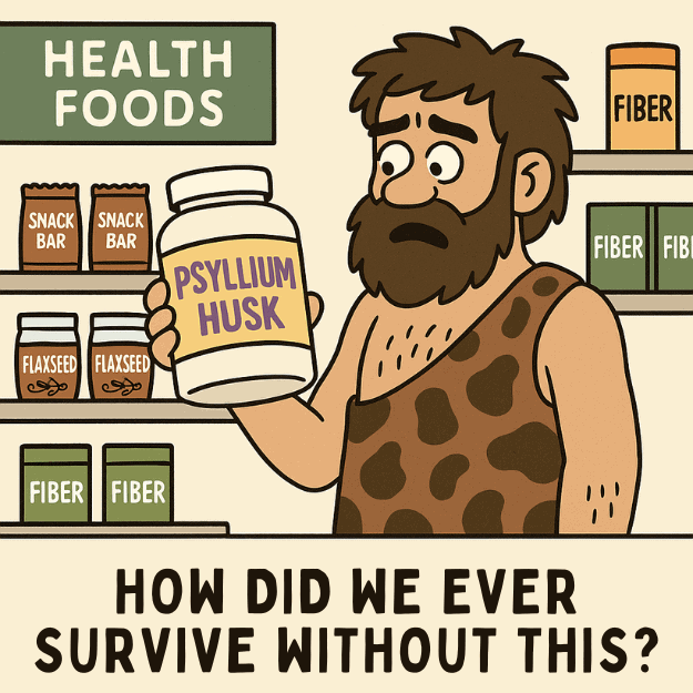 A cartoon illustration of a caveman holding some Psyllium Husk looking confused