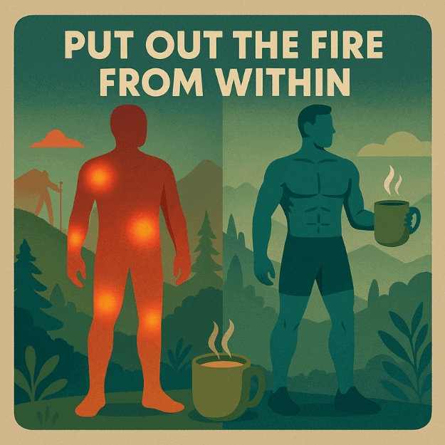 An illustration showing a red man representing inflammation and a cool man representing a non inflamed person from drinking bone broth