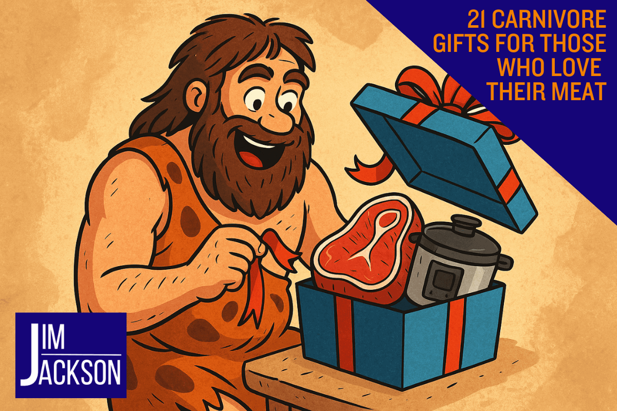 A cartoon of a caveman opening a present of piece of meat and a pressure cooker depicting carnivore gifts