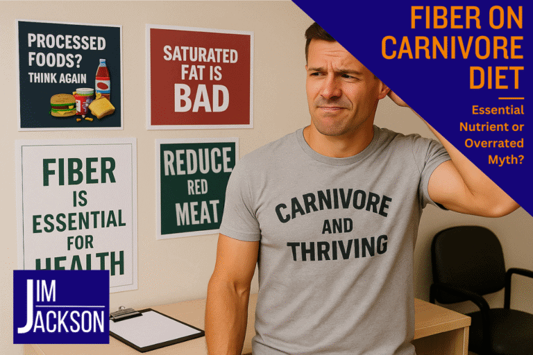 Man following a carnivore diet at the doctors with posters suggesting fiber is essential depicting fiber on carnivore diet