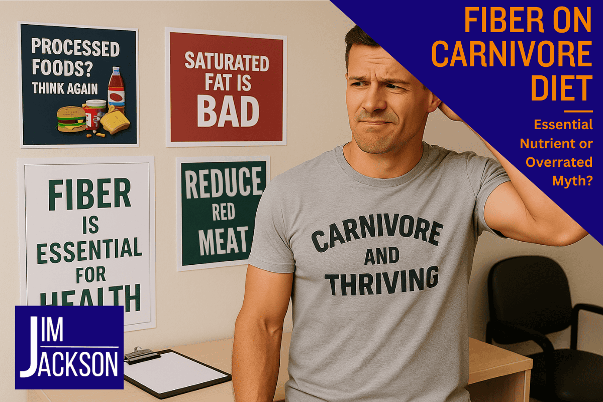 Man following a carnivore diet at the doctors with posters suggesting fiber is essential depicting fiber on carnivore diet