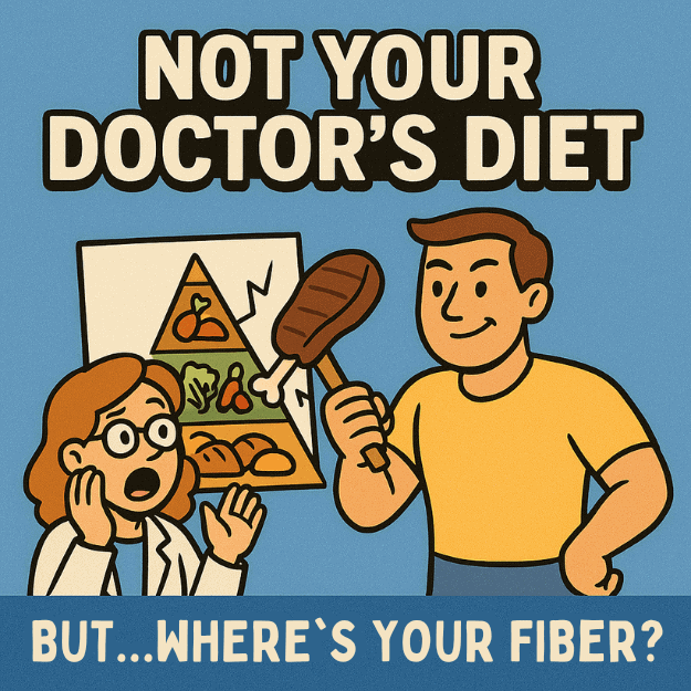 A cartoon illustration of a doctor in shock that a patient is eating only meat and no fiber