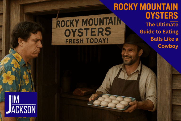 A confused man is offered rocky mountain oysters by a cowboy