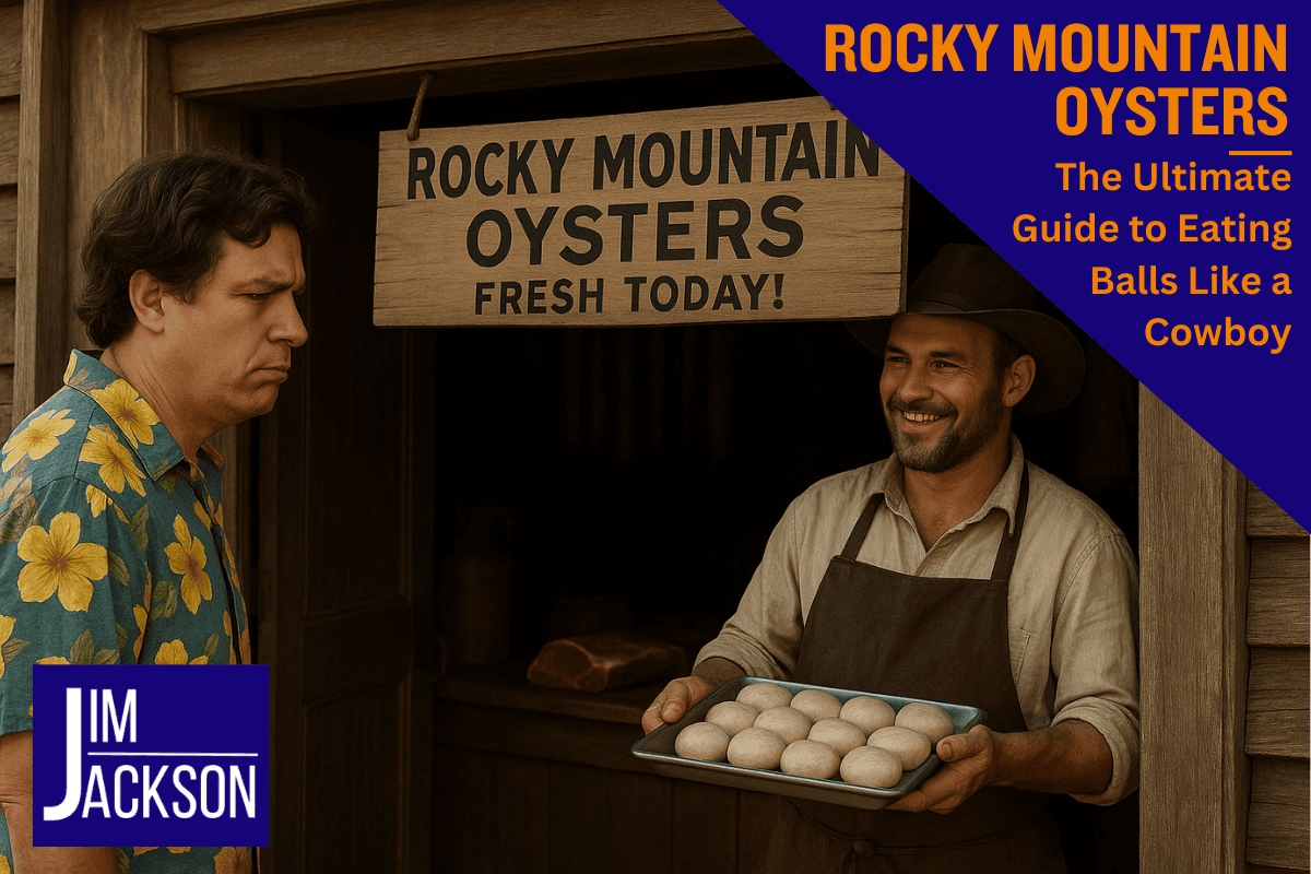 A confused man is offered rocky mountain oysters by a cowboy
