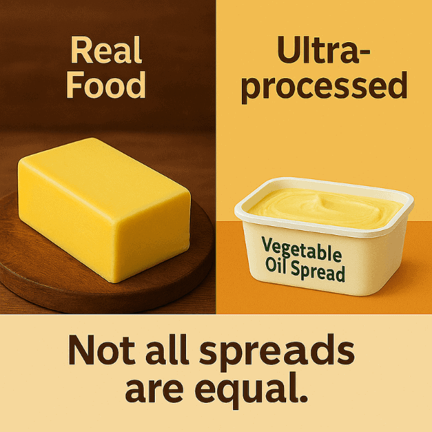 A split image of butter depicting real food and vegetable oil spread depicting ultra-processed food