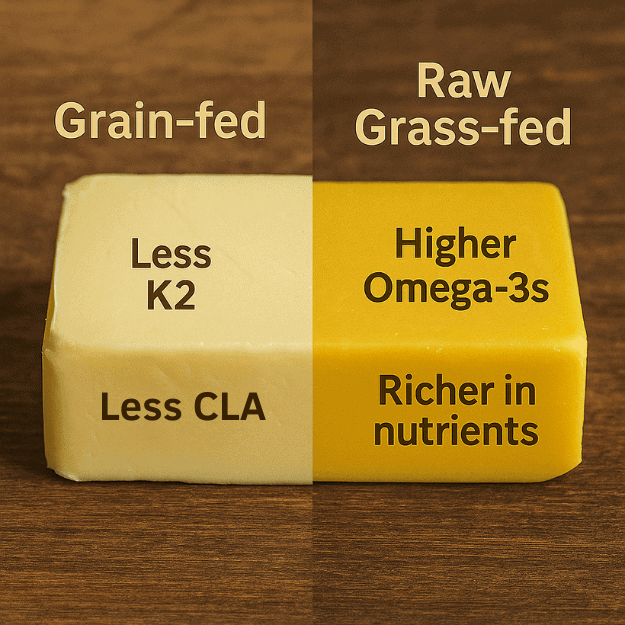 A split image of a block of butter showing the differences between grain-fed and grass-fed butter