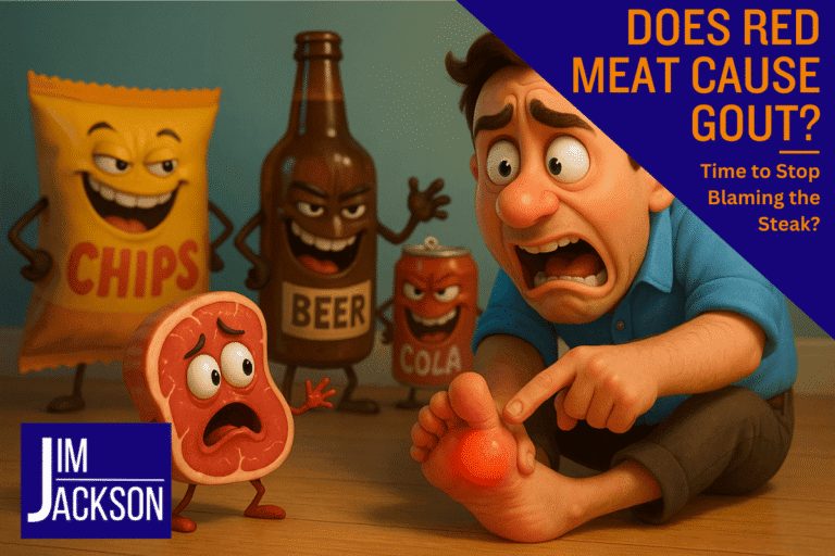 A man with gout blaming steak while junk food in the background are looking and smiling in a sinister way posing the question, does red meat cause gout?
