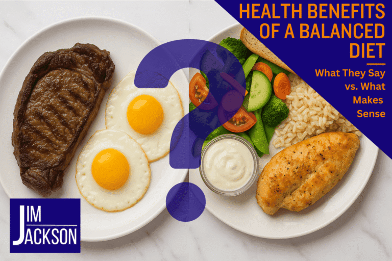 A plate of steak and eggs next to a plate with a variety of food depicting the Health Benefits of a Balanced Diet