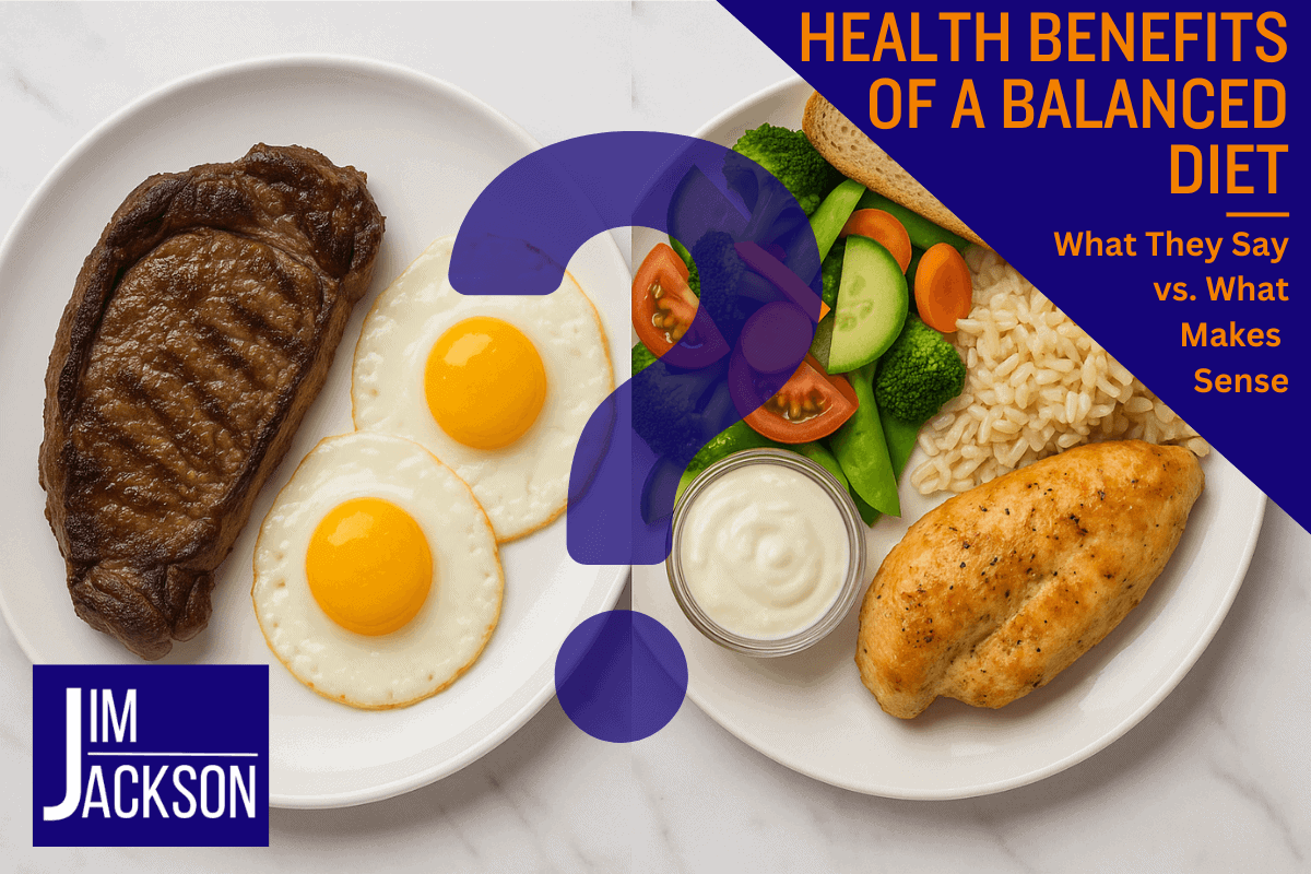 A plate of steak and eggs next to a plate with a variety of food depicting the Health Benefits of a Balanced Diet