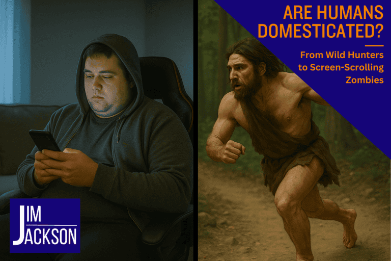A split image of an overweight man wearing a hoodie doom scrolling on his phone and a hunter-gatherer in the wilderness on a hunt depicting Are Humans Domesticated