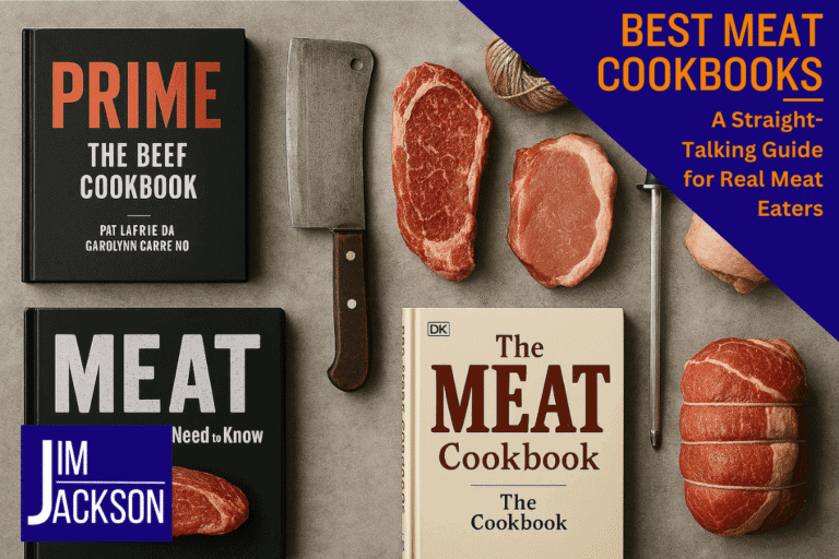 A selection of books, meats and cooking tools depicting the best meat cookbooks
