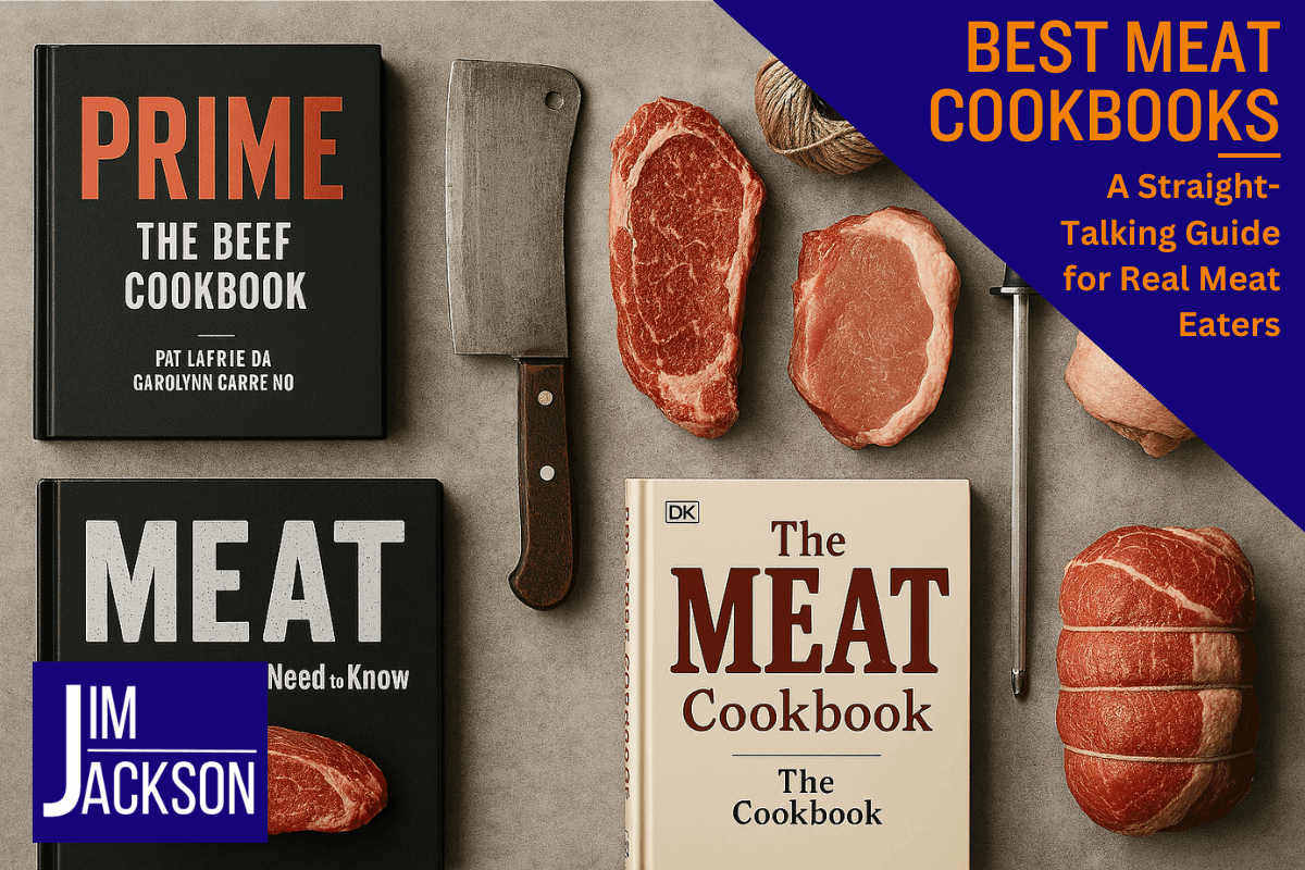 A selection of books, meats and cooking tools depicting the best meat cookbooks